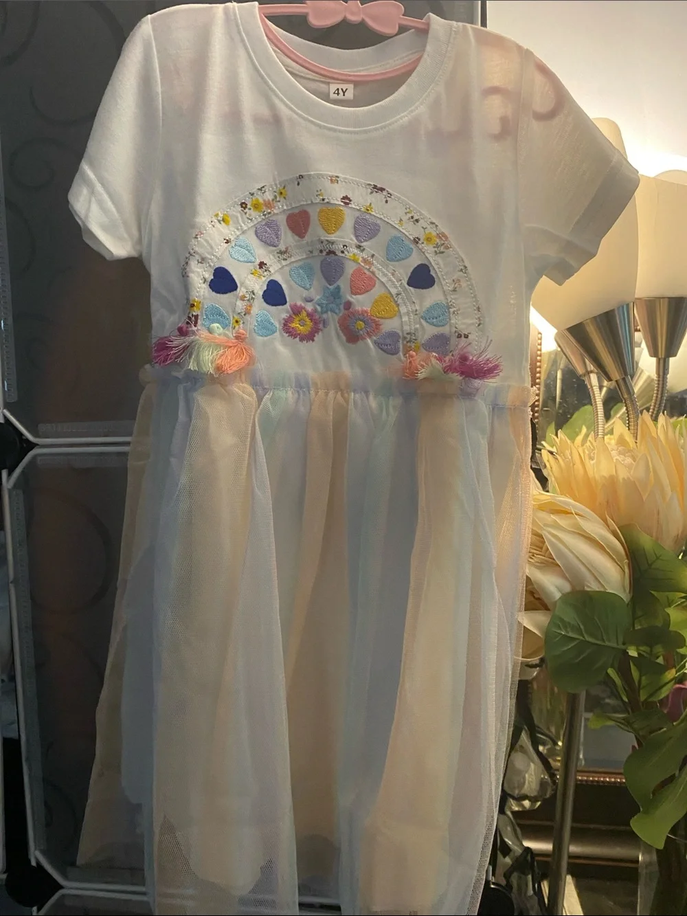 NWOT, Girl’s Rainbow Heart Tulle Dress - White and Pastel